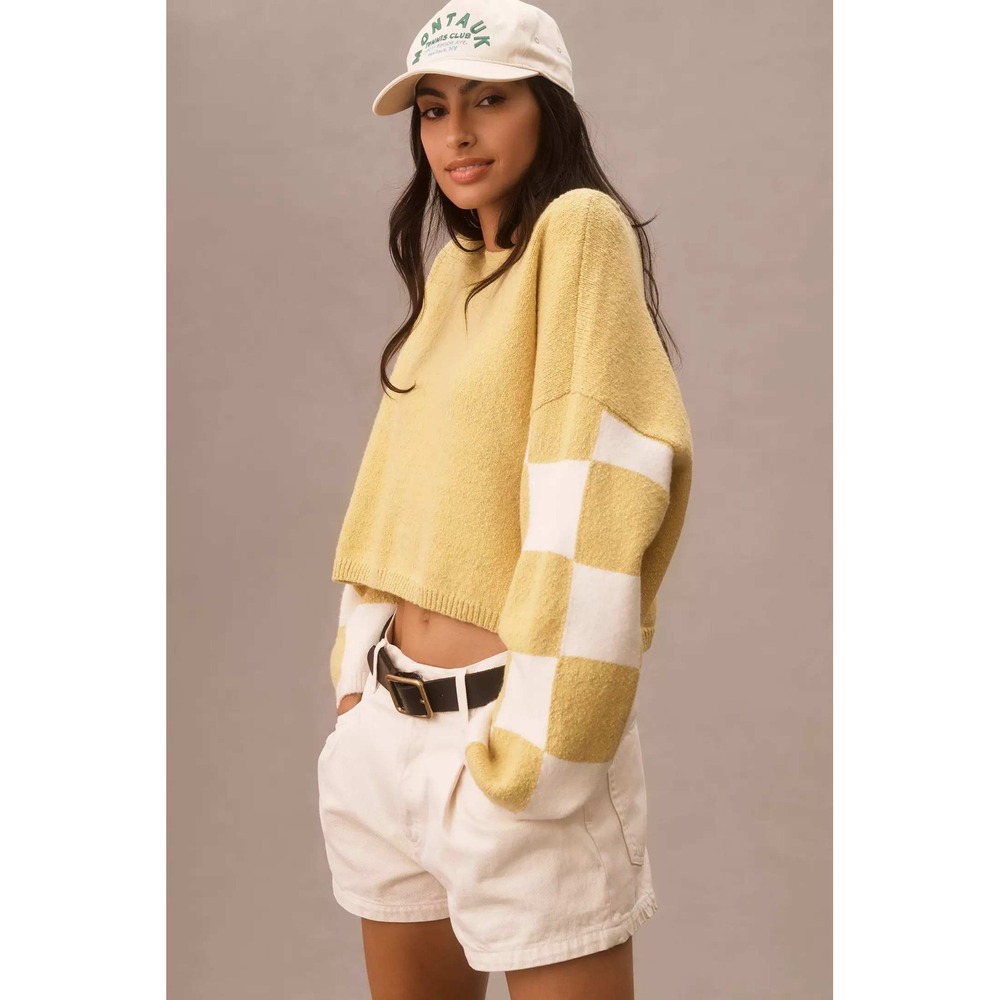 Ashley Brown Durand Late Summer Flowers Yellow Checker Sleeve Cropped Sweater